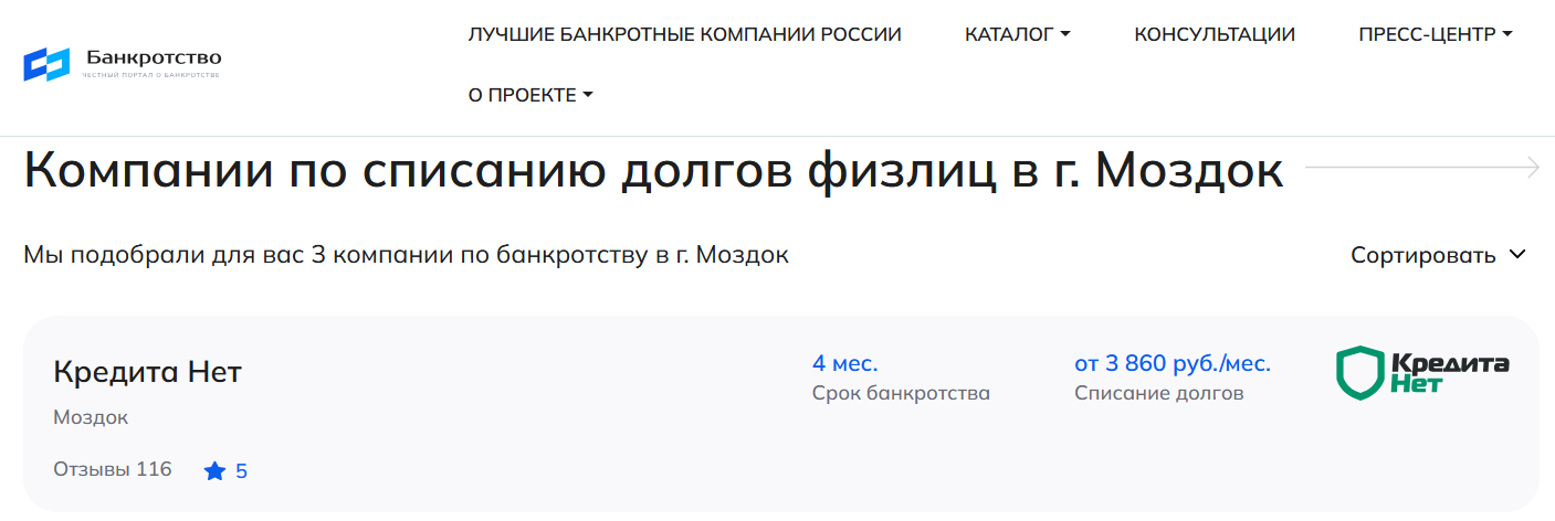 КредитаНет – первые в рейтинге компаний по банкротству в Моздоке на сайте Банкротство Инфо